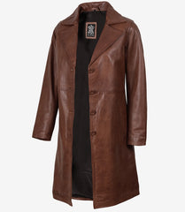 Women's Cognac Waxed Leather Coat - Mid Length
