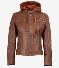 Helen Women's Cognac Leather Jacket with Detachable Hood
