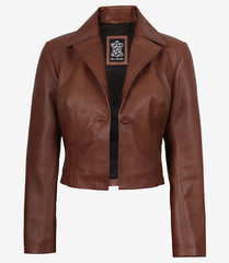 Women's Cognac Cropped Leather Jacket with Single Button