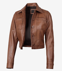 Women's Cropped Cognac Leather Jacket