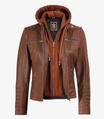 Helen Women's Cognac Leather Jacket with Detachable Hood