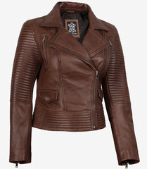 Women's Cognac Leather Jacket with Asymmetrical Biker Style