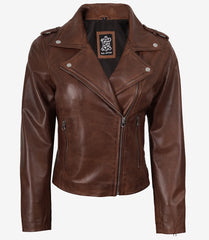 Women's Distressed Cognac Leather Jacket - Asymmetrical Biker Style