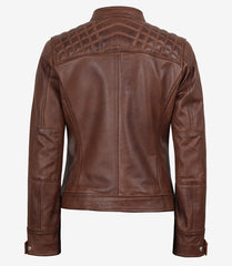 Women's Cognac Leather Biker Jacket with Quilted Shoulder Accents