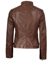 Women's Cognac Waxed Real Leather Biker Jacket