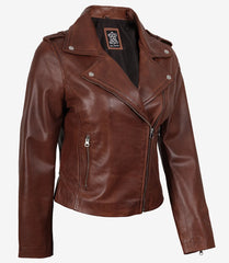 Women's Distressed Cognac Leather Jacket - Asymmetrical Biker Style