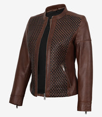 Women's Cognac Textured Real Leather Jacket - Biker Style