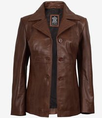 Women's Brown Leather Blazer with Three Buttons