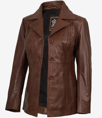 Women's Brown Leather Blazer with Three Buttons