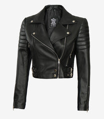 Women's Black Cropped Leather Jacket in Asymmetrical Biker Style