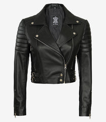 Women's Black Cropped Leather Jacket in Asymmetrical Biker Style