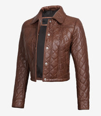 Women's Cropped Cognac Quilted Leather Jacket