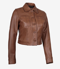Women's Cropped Cognac Leather Jacket