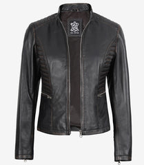 Women's Distressed Brown Leather Jacket in Biker Style