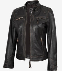 Women's Quilted Distressed Brown Real Leather Jacket Biker Style