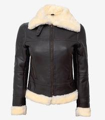 Women's Dark Brown Real Leather B3 Bomber Jacket with Shearling