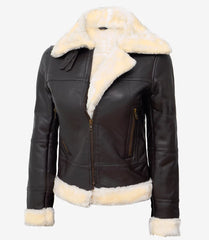 Women's Dark Brown Real Leather B3 Bomber Jacket with Shearling
