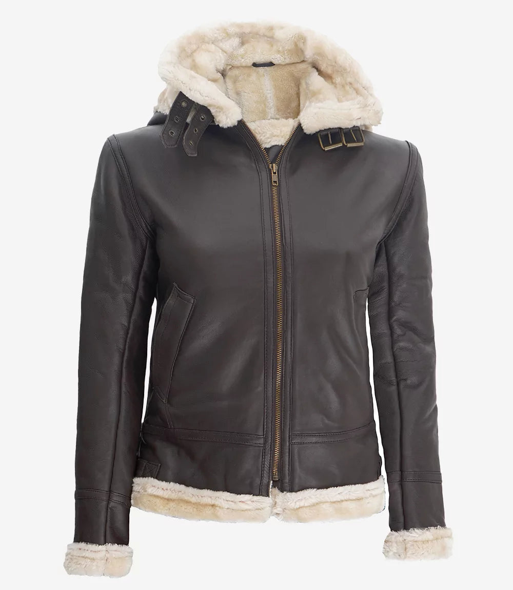 Women's Vintage Brown Shearling Leather Jacket – Hooded