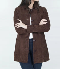 Women's Dark Brown Suede Coat with Button-Down Front