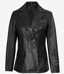 Women's Double-Breasted Black Leather Coat with Notch Lapel Collar