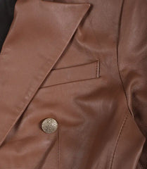 Kim Women's Cognac Leather Blazer with Double-Breasted Front
