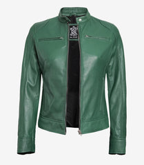 Women's Green Leather Jacket in Biker Style