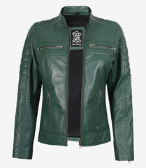Women's Green Real Leather Jacket Biker Style