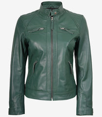 Women's Green Leather Biker Jacket Quilted Shoulder