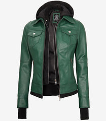 Women's Green Leather Bomber Jacket with Removable Hood