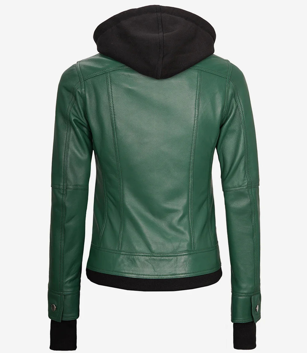 Essence Women Green Bomber Leather Jacket with Hood