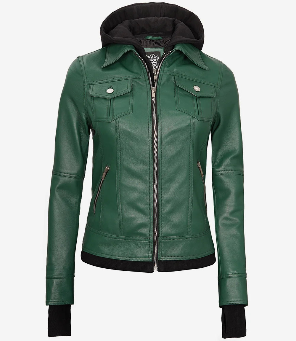 Essence Women Green Bomber Leather Jacket with Hood