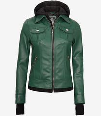 Women's Green Leather Bomber Jacket with Removable Hood