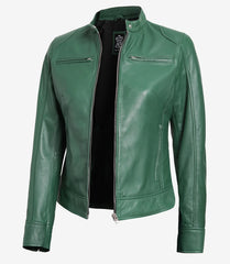 Women's Green Leather Jacket in Biker Style