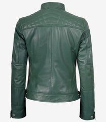 Women's Green Leather Biker Jacket Quilted Shoulder