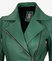Women's Green Leather Jacket Belted Biker Style