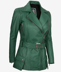 Women's Green Leather Jacket Belted Biker Style