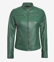 Women's Green Leather Jacket in Biker Style