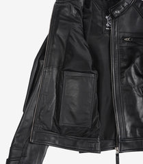 Women's Black Leather Biker Jacket with Quilted Shoulders