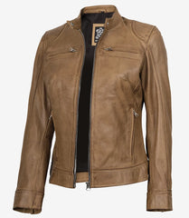 Women's Camel Real Leather Jacket in Biker Style