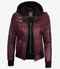 Women's Maroon Leather Bomber Jacket with Hood