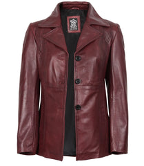 Women's Burgundy Leather Blazer with Three Buttons