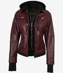 Women's Burgundy Leather Bomber Jacket with Removable Hood