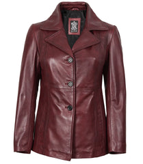 Women's Burgundy Leather Blazer with Three Buttons