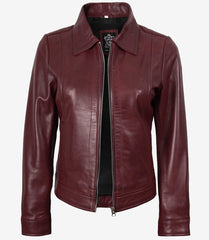 Women's Burgundy Leather Jacket with a Shirt Collar