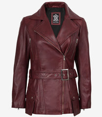 Women's Maroon Leather Biker Jacket with Asymmetrical Belted Front