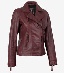 Women's Burgundy Lambskin Leather Biker Jacket
