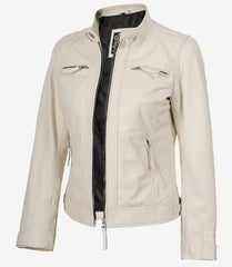 Women's Off White Quilted Real Leather Biker Jacket