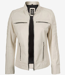 Women's Off White Leather Jacket in Biker Style