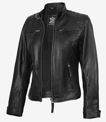 Women's Petite Black Quilted Leather Jacket - Biker Style
