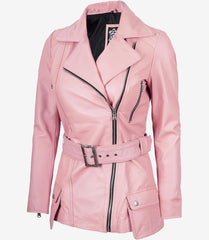 Women's Pink Leather Jacket Long Asymmetrical Biker with Belt